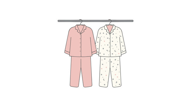 Two sets of pajamas hanging on a rod one pink and one cream with star patterns representing comfortable sleepwear clothes isolated on white background.