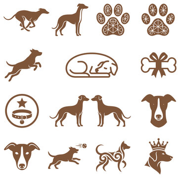 Collection of dog themed icons showing silhouettes running jumping sleeping and portraits for pet lovers