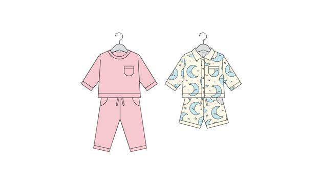 Pair of pajama sets including a pink long sleeve top and a moon pattern shirt with shorts hanging on hangers isolated on a white background for sleepwear.
