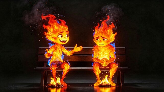 Cheerful Fire Character Comforting Sad Fire Character on Bench &mdash; Emotional Support and Inner Strength Concept