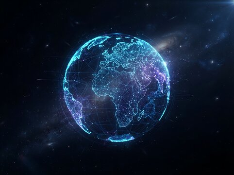 Digital glowing earth globe hologram floating in dark space with starfield