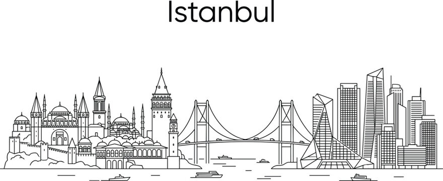 Istanbul city skyline vector illustration with famous historic landmarks bridge mosque and modern skyscrapers in thin line art