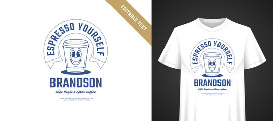 Naklejka premium Coffee cartoon mascot t-shirt template, deep navy retro line art with wide eyed cheerful coffee cup character, playful espresso pun, fully editable text for custom apparel