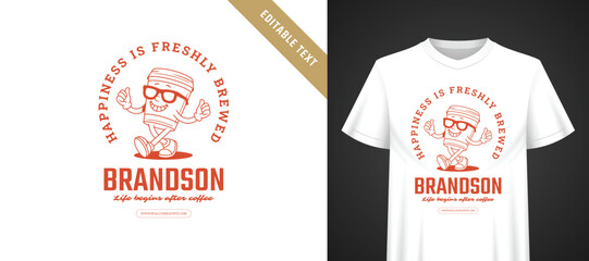 Naklejka premium Coffee cartoon mascot t-shirt template, warm retro line art illustration with cheerful walking coffee cup character, vintage serif typography, fully editable text for custom apparel print