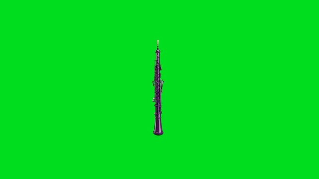 A sleek purple oboe isolated against a solid vibrant green background screen