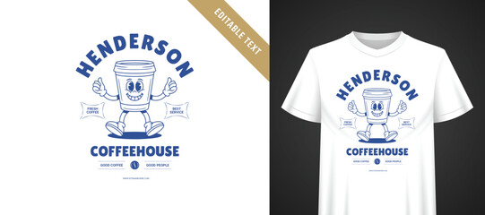 Naklejka premium Deep navy monochrome t-shirt coffee cartoon template with editable text, arched vintage slab typography, friendly mascot, timeless classic aesthetic for local neighborhood coffeehouse branded apparel