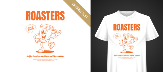 Naklejka premium Vibrant orange retro cartoon coffee mascot t-shirt print, dynamic dancing character, bold roasters typography, editable text template for casual coffee shop apparel designs