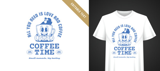 Naklejka premium Cool blue retro cartoon coffee mascot t-shirt print, heart hand gesture, arched love quote layout, bold coffee time typography, editable text template for warm casual everyday coffee lover apparel