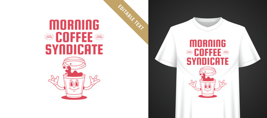Naklejka premium Vivid red retro cartoon coffee mascot t-shirt print, rock hand gesture, lifted splashy cup lid, bold stacked syndicate typography, editable text template for bold fun morning casual coffee apparel