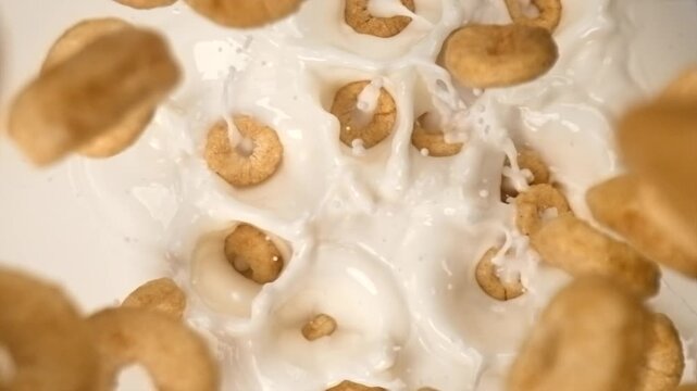 Corn rings falling into milk with splash in super slow motion top view