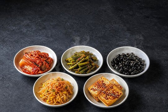 Overhead Photograph Banchan Dishes Featuring Kimchi, - Traditional Korean Banchan Small Dishes Overhead Arrangement Stock Photo