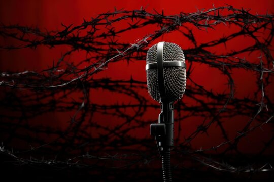 Microphone standing against a red background with barbed wire, symbolizing restricted speech