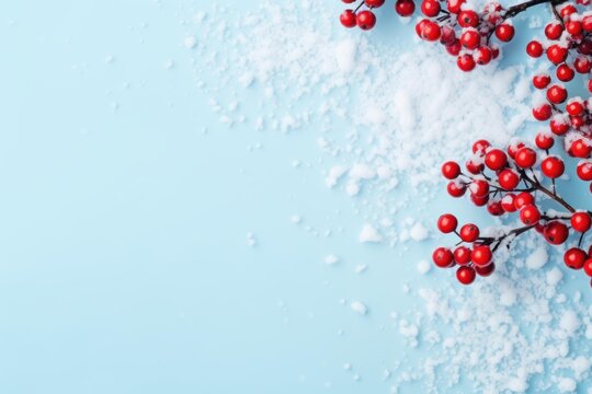 Holly branches with red berries and white snow on a light blue surface creating a winter holiday frame