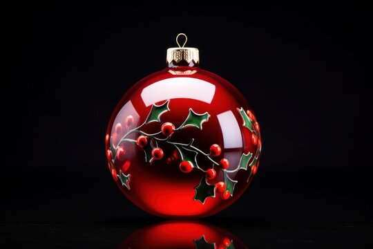 Red glass bauble decorated with festive green holly leaves and bright red berries