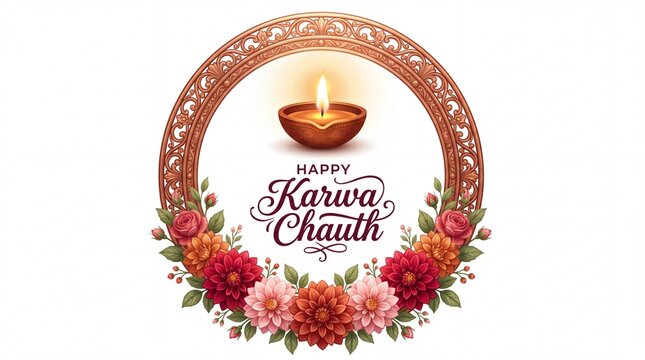 Happy Karwa Chauth greeting card design with traditional diya lamp and floral frame