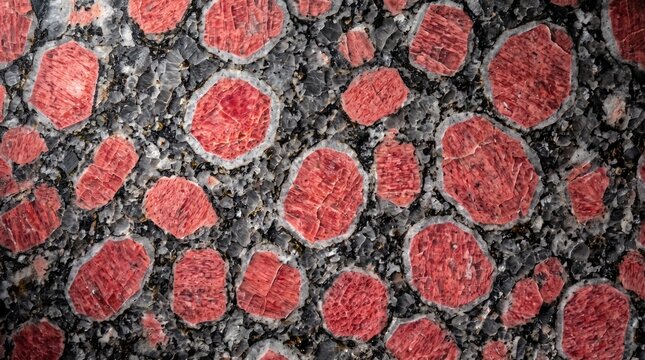Macro Texture of Polished Metamorphic Rock with Red Garnet Crystals
