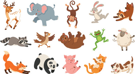 Obraz premium Cute Cartoon Animal Character Icon Set with Happy Jumping and Playing Safari Woodland Creatures for Kids Designs