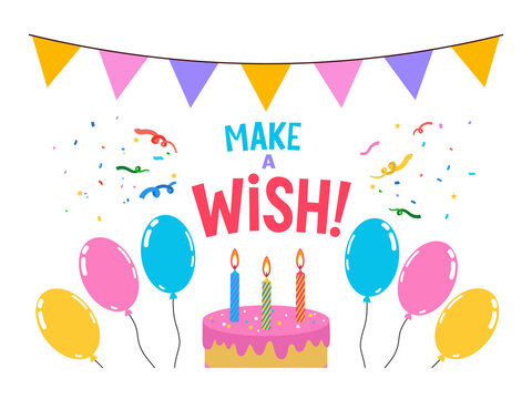 Birthday card with the text "Make a Wish!", a cake with lit candles, balloons and confetti. Illustration on a transparent background