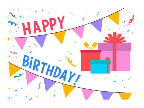 Birthday card with the inscription "Happy Birthday!", giftboxes, garlands, and confetti. Illustration on a transparent background