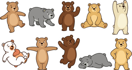 Obraz premium Cute Cartoon Bear Character Icon Set with Various Playful Poses Actions and Emotions for Kids Sticker Designs