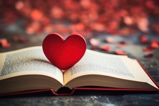 Red heart on open book with blurred background of rose petals, representing love and passion