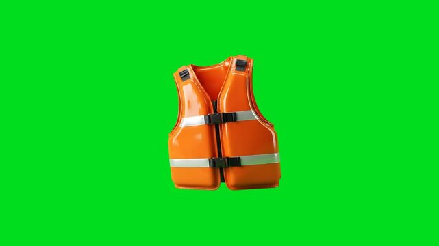 An orange life vest isolated on a vibrant green chroma key background