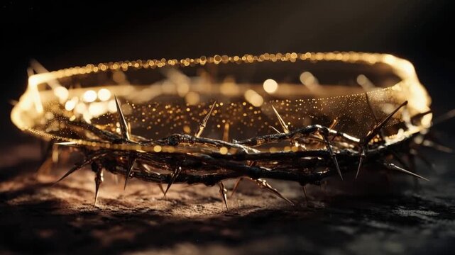 A symbolic crown of thorns, dripping with golden dew, rests on a dark, textured surface, evoking themes of sacrifice and redemption. ..Created with Generative AI, not depicting real subjects.