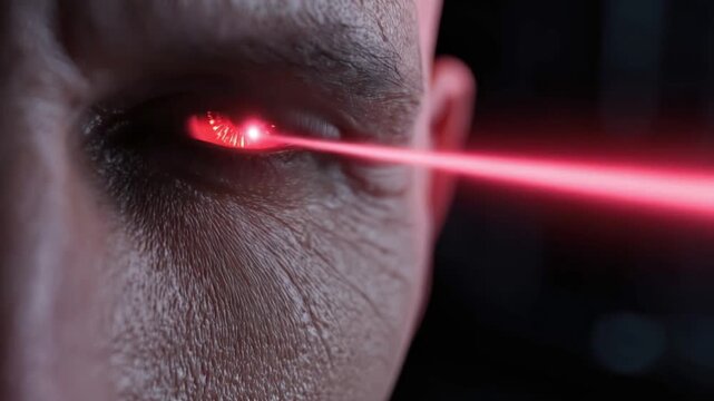A close-up shot captures a human eye emitting a powerful red laser beam, symbolizing intense focus, futuristic technology. ..Created with Generative AI, not depicting real subjects.