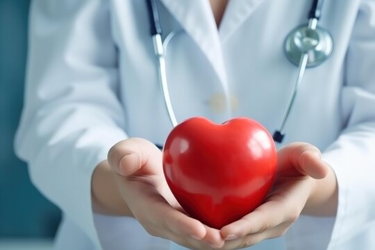 Doctor hands holding a red heart, symbolizing heart health and medical care