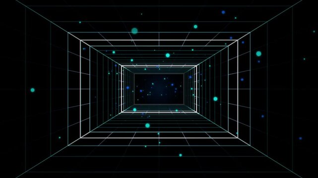 Geometric tunnel zooms forward into a starfield with glowing grid lines wireframe