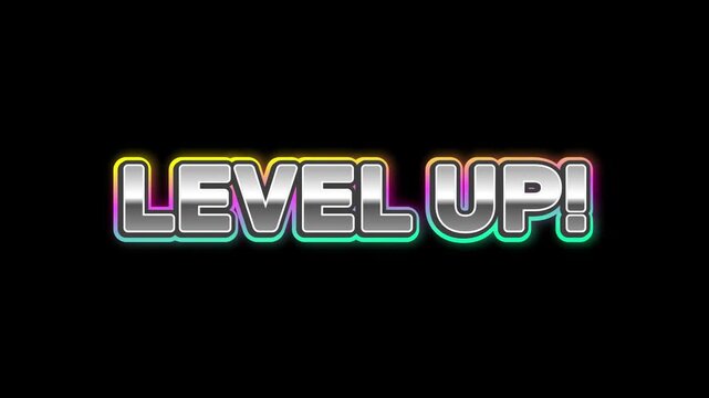 Level Up! Graphic Text with Metallic Shine on Black Background, Inspiring Achievement and Progress