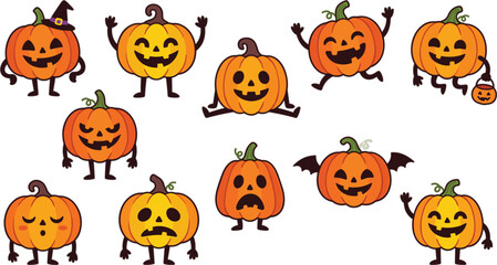 Naklejka premium Cute Halloween Pumpkin Character Vector Set with Funny Jack O Lantern Face Expressions and Poses for Autumn Designs