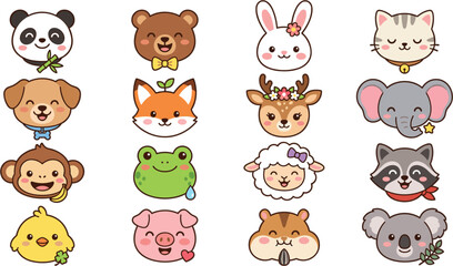 Obraz premium Cute Kawaii Cartoon Animal Face Avatar Vector Set with Sweet Happy Expressions for Children Graphic and Sticker Designs