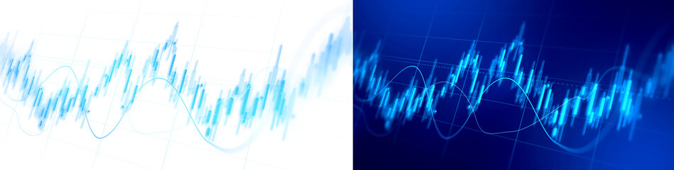 Fototapeta premium Transparent Stock market trading concept with blue candlestick graphs, rising financial trends, digital data and modern business technology.