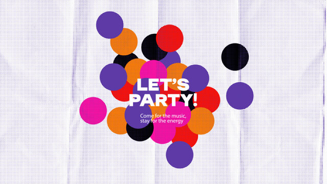 Trendy confetti circles bold party background. Music event, party flyer, social media poster, nightclub design concept. Paper overlay with polka dot punch. Hand drawn vector illustration.
