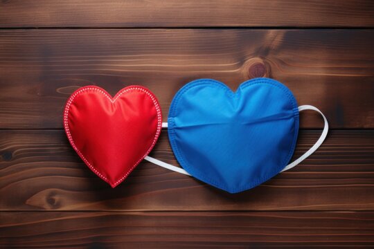 Two hearts, one red and one blue, connected by a mask strap on a wooden surface