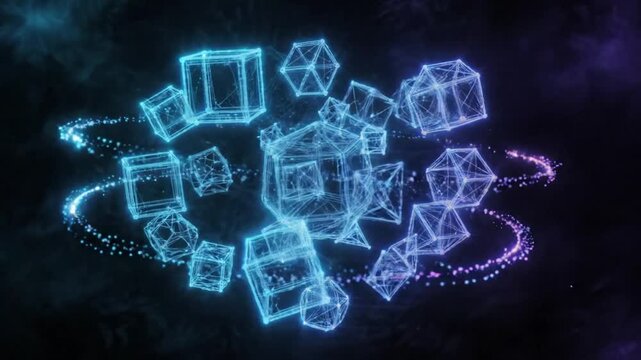 Geometric cubes rotate and disperse within a dark nebulous space rotation polyhedra