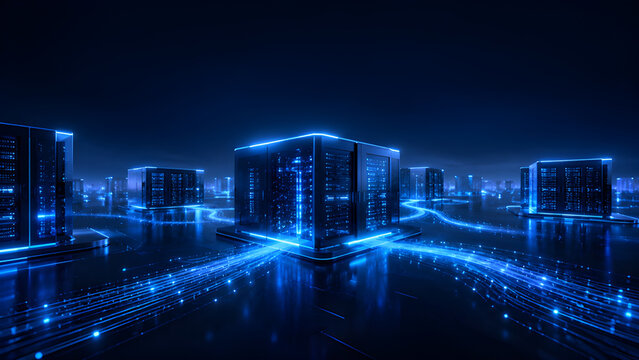 Futuristic blue data center server room, technology background