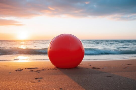 Red beach ball resting on sand as ocean waves approach during warm sunset