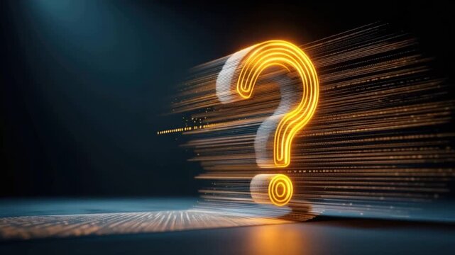 A glowing, luminous question mark rendered in a futuristic style, casting an ethereal glow on a dark, abstract background. ..Created with Generative AI, not depicting real subjects.
