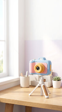 Pastel 3D Camera on Wooden Mini Tripod Desk with Window Light