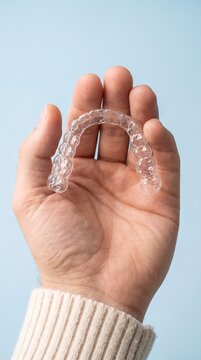 Close-up on hand holding clear invisible orthodontic aligner tray for teeth straightening treatment.
