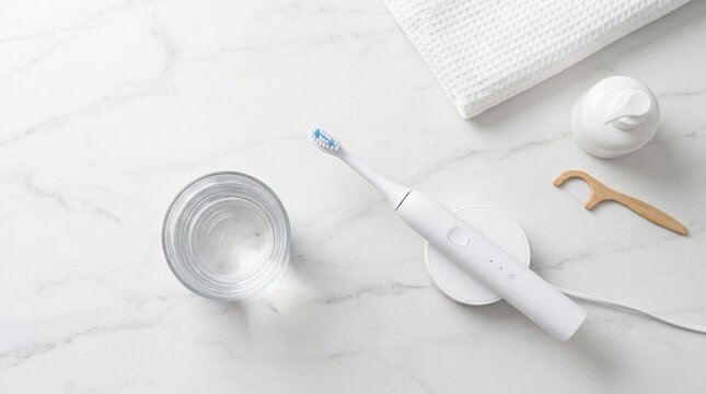 White electric toothbrush on a charging base, glass of water, dental floss pick, and toothpaste dispenser on a white marble countertop with a textured towel.