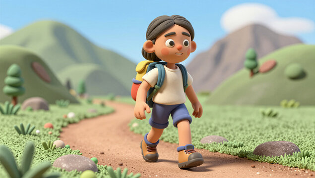 Cute 3D Female Hiker Exploring Mountain Trails with Backpack