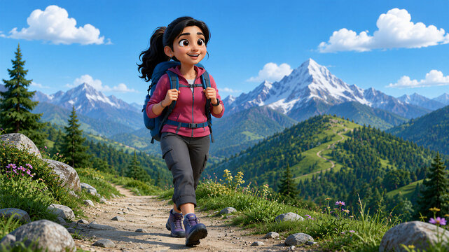 Adventurous 3D Woman Trekking Through Beautiful Mountain Landscape