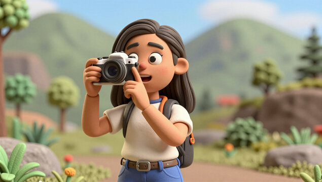 Adorable 3D Young Photographer Taking Pictures During an Outdoor Adventure