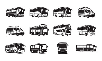 Obraz premium Monochrome vector graphics of various passenger coaches and shuttle van models.