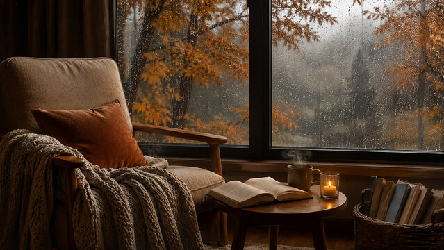 Cozy Armchair And Books By Rainy Window In Autumn Season