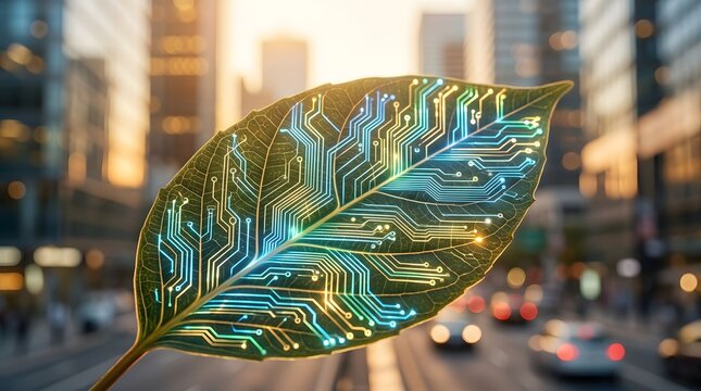 Digital circuit board green leaf in city sustainable technology and green energy - High Quality Commercial Stock Visual