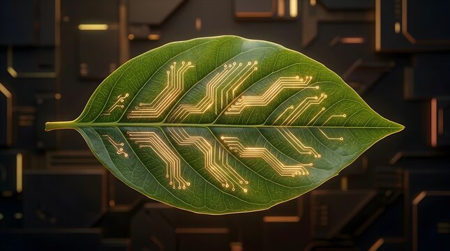 Digital green leaf with glowing circuitry on dark background representing bio te - High Quality Commercial Stock Visual